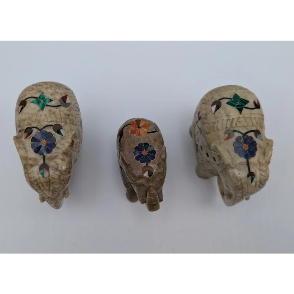 Set of 3 Inlaid Stone Marble (?) Elephants Floral Figurine Lot